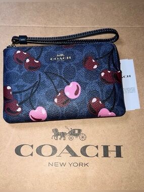 🍒COACH Corner Zip Wristlet Blue Signature Canvas Cherry Print AUTHENTIC NWT